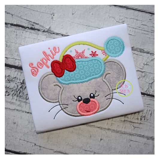 Winter Mouse Face Girl Applique | Machine Embroidery Designs by JuJu