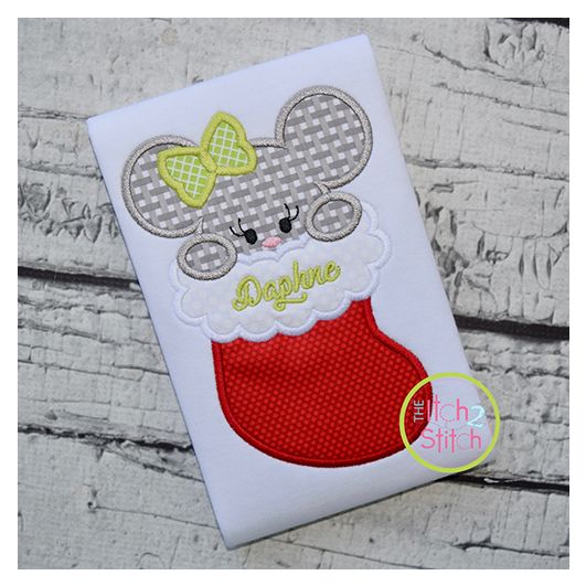 Mouse in Stocking Girl Applique | Machine Embroidery Designs by JuJu