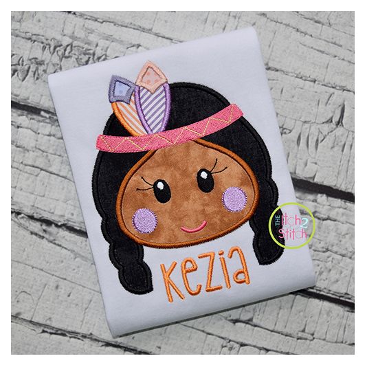 Native American Head Girl Applique | Machine Embroidery Designs by JuJu