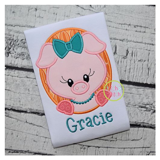 Oval Pig Girl Applique | Machine Embroidery Designs by JuJu