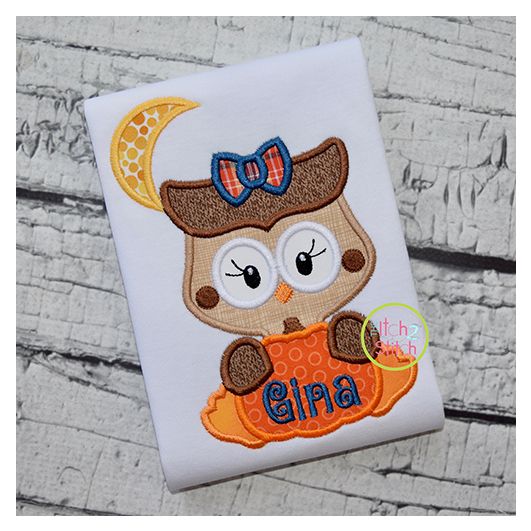 Owl with Pumpkin Girl Applique | Machine Embroidery Designs by JuJu