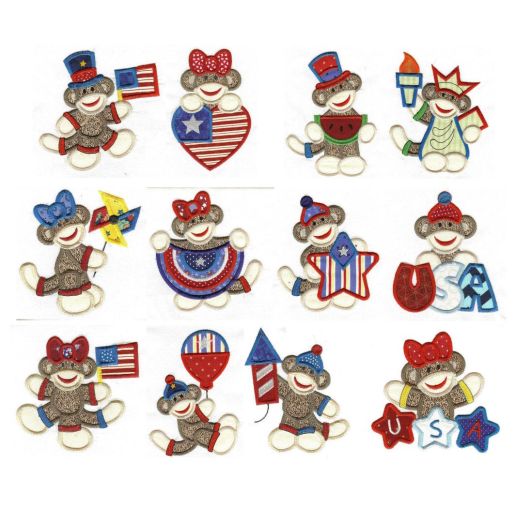 Patriotic Sock Monkeys Applique Machine Embroidery Designs by JuJu 