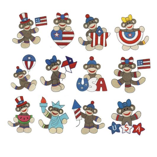Patriotic Sock Monkeys Filled Machine Embroidery Designs by JuJu