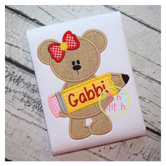 Pencil Bear Girl Applique | Machine Embroidery Designs by JuJu