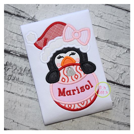 Penguin Girl Ornament Peeker Applique | Machine Embroidery Designs by JuJu