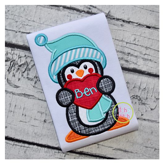 Penguin Holding Heart Boy Applique | Machine Embroidery Designs by JuJu