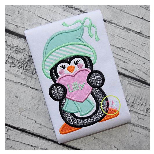 Penguin Holding Heart Girl Applique | Machine Embroidery Designs by JuJu
