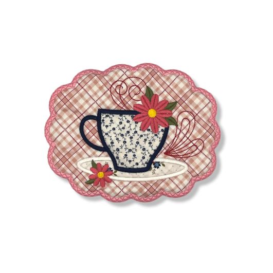 ITH Scalloped Tea Cup Flower Mug Rug | Machine Embroidery Designs by JuJu
