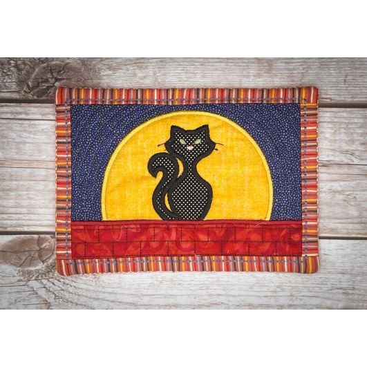 Black Cat Moon Mug Rug | Machine Embroidery Designs by JuJu