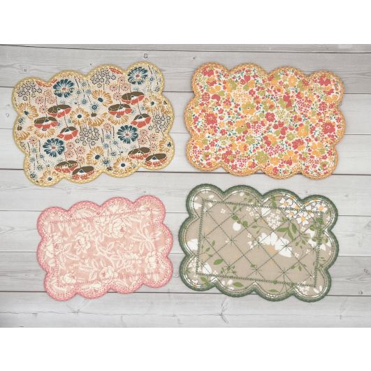 ITH Satin Quilted Scallop Mug Rugs | Machine Embroidery Designs by JuJu