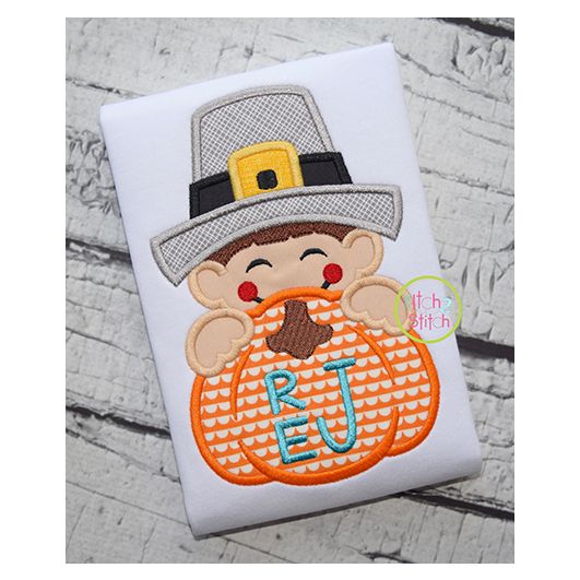 Pilgrim Boy Pumpkin Peeker Applique | Machine Embroidery Designs by JuJu