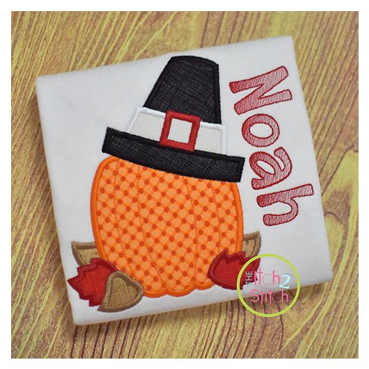 Pumpkin with Pilgrim Hat Applique | Machine Embroidery Designs by JuJu