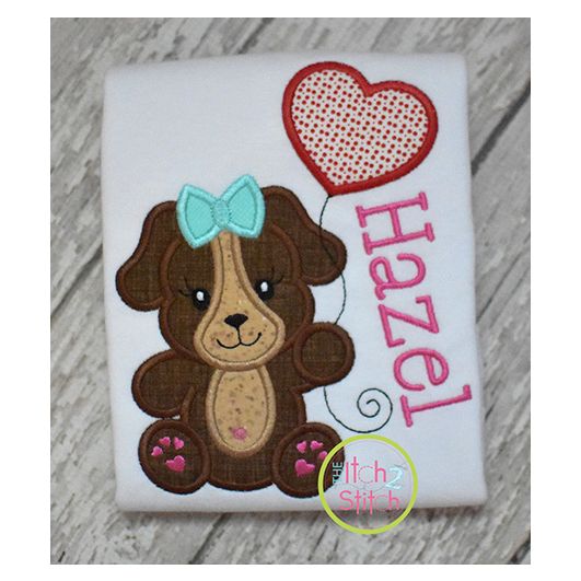 Puppy with Heart Balloon Girl Applique Design | Machine Embroidery Designs by JuJu