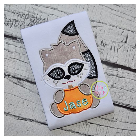 Raccoon with Pumpkin Boy Applique | Machine Embroidery Designs by JuJu