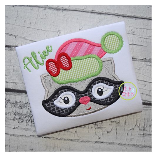 Winter Raccoon Face Girl Applique | Machine Embroidery Designs by JuJu