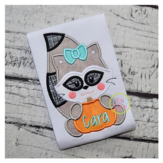Raccoon with Pumpkin Girl Applique | Machine Embroidery Designs by JuJu