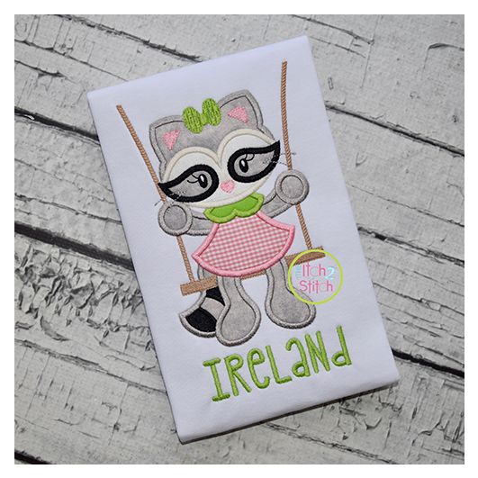 Raccoon in the Swing Girl Applique | Machine Embroidery Designs by JuJu