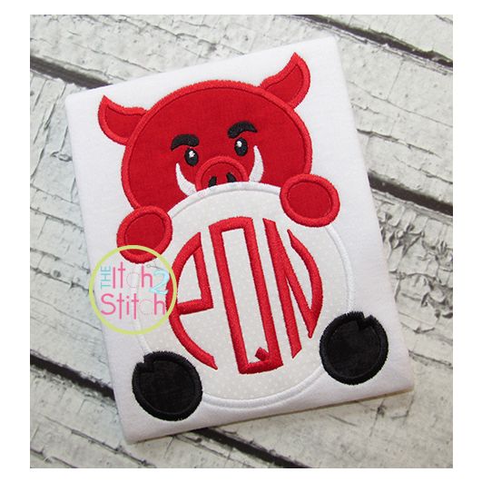 Hog Mascot Monogram Peeker Applique | Machine Embroidery Designs by JuJu