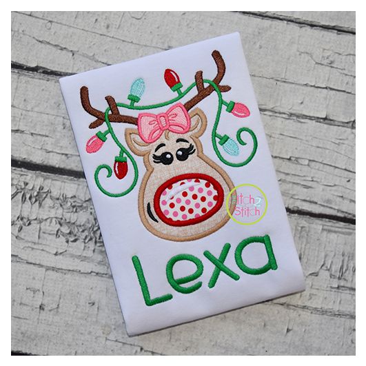 Reindeer Girl with Lights 2 Applique | Machine Embroidery Designs by JuJu