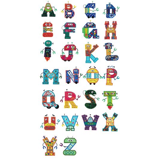 Robots Applique Alphabet Machine Embroidery Designs by JuJu