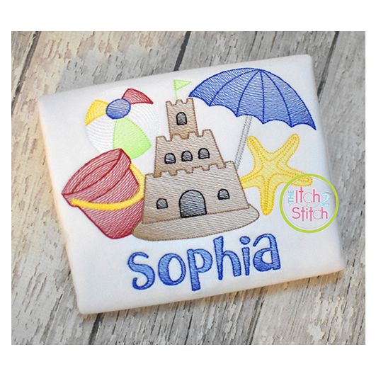 Sandcastle Beach Scene Sketch Embroidery | Machine Embroidery Designs by JuJu