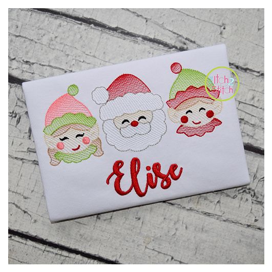 Santa Elves Trio Sketch Embroidery | Machine Embroidery Designs by JuJu