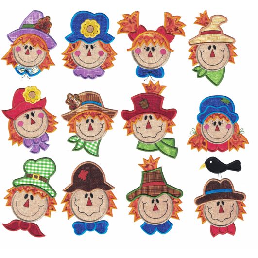 Cute Whimsical Scarecrows Applique Machine Embroidery Designs by JuJu