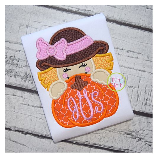 Scarecrow Girl Pumpkin Peeker Applique | Machine Embroidery Designs by JuJu