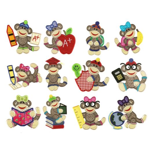 School Sock Monkeys Applique Machine Embroidery Designs by JuJu 