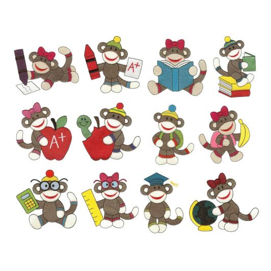 Back to School Sock Monkeys Filled Machine Embroidery Designs by JuJu