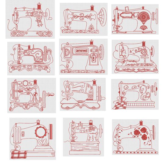Vintage Sewing Machines Redwork Machine Embroidery Designs by JuJu