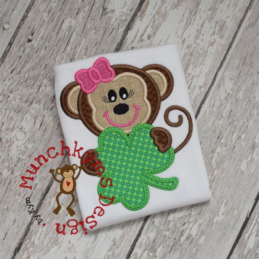 Shamrock Monkey Girl Applique | Machine Embroidery Designs by JuJu