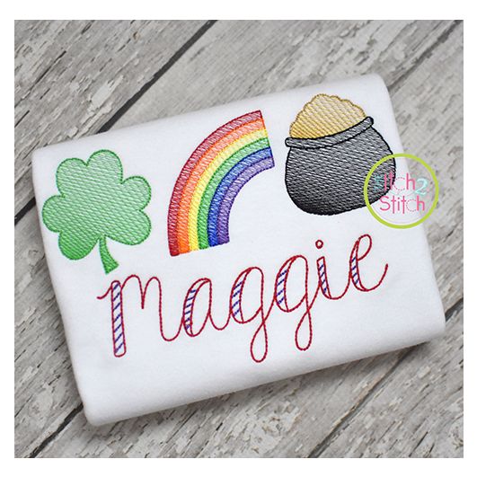Shamrock Rainbow Pot of Gold Trio Sketch | Machine Embroidery Designs by JuJu