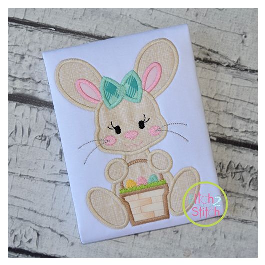 Sitting Bunny Basket Girl Applique | Machine Embroidery Designs by JuJu