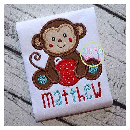 Sitting Christmas Monkey Applique | Machine Embroidery Designs by JuJu