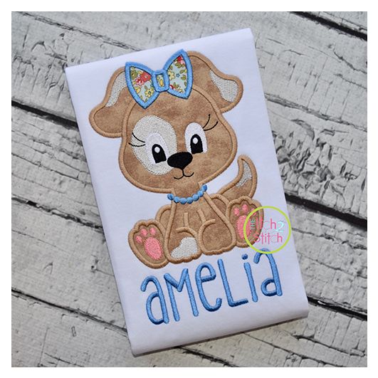 Sitting Dog Girl Applique | Machine Embroidery Designs by JuJu