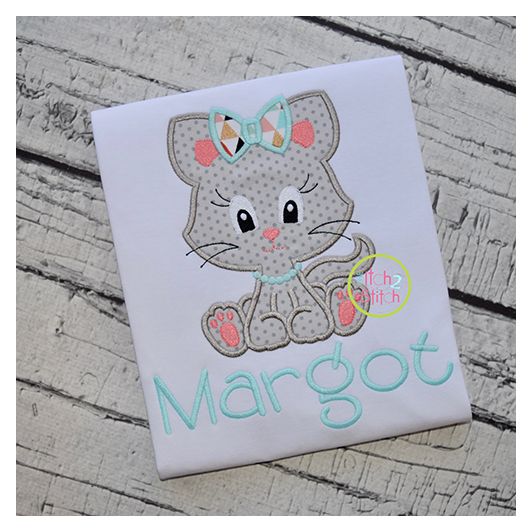 Sitting Kitty Girl Applique | Machine Embroidery Designs by JuJu