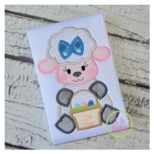 Sitting Lamb Basket Girl Applique | Machine Embroidery Designs by JuJu