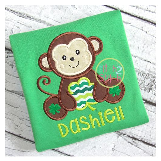 Sitting Monkey Shamrock Applique | Machine Embroidery Designs by JuJu