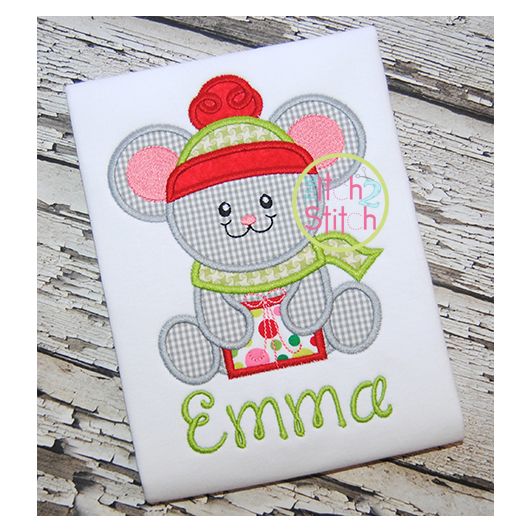 Sitting Winter Mouse Present | Machine Embroidery Designs by JuJu
