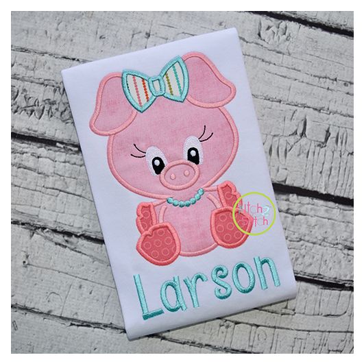 Sitting Pig Girl Applique | Machine Embroidery Designs by JuJu
