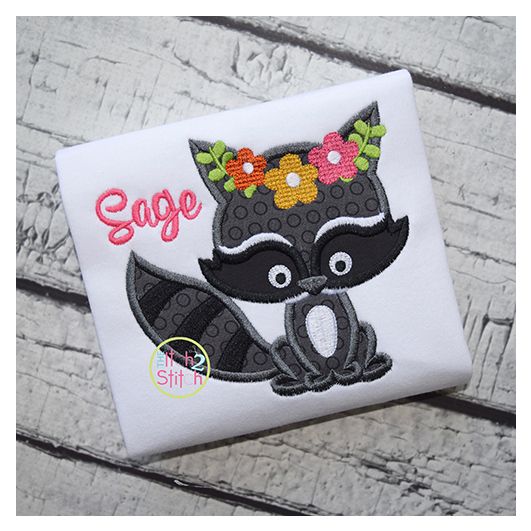 Sitting Raccoon Flowers Applique | Machine Embroidery Designs by JuJu