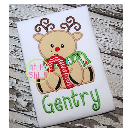 Sitting Reindeer Candy Cane Applique | Machine Embroidery Designs by JuJu