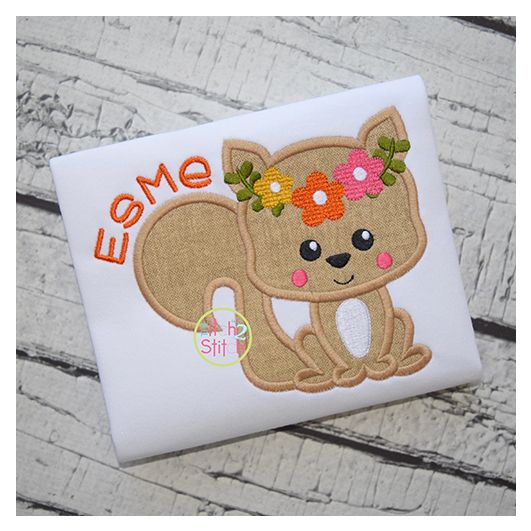 Sitting Squirrel Flowers Applique | Machine Embroidery Designs by JuJu
