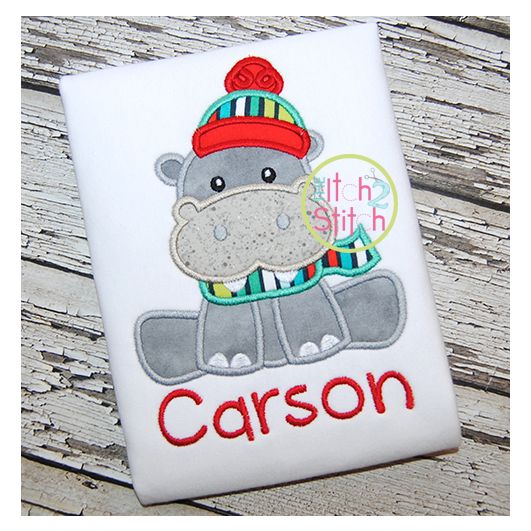 Sitting Winter Hippo Applique | Machine Embroidery Designs by JuJu
