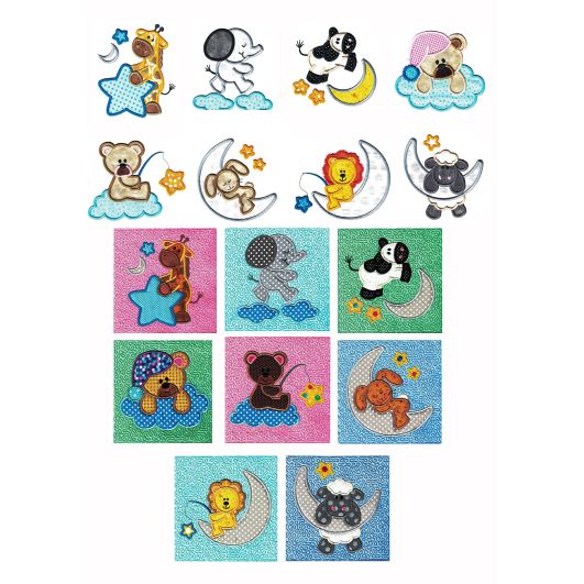 Sleepy Time Critters Applique Set 1 Machine Embroidery Designs by JuJu