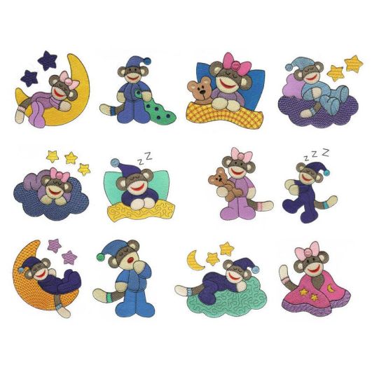 Sleepy Bedtime Slumber Sock Monkeys Filled Machine Embroidery Designs by JuJu