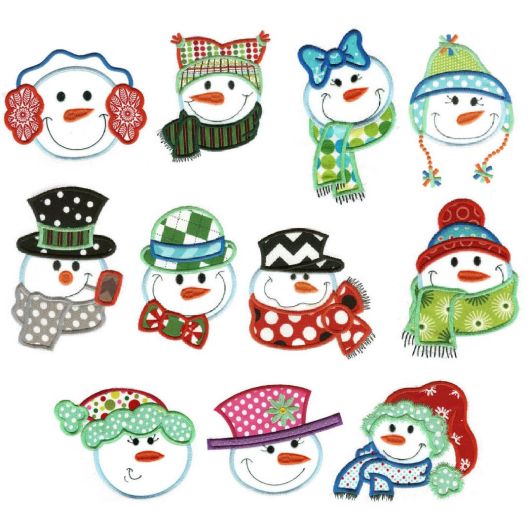 Snow Buddies Snowmen faces Applique Machine Embroidery Designs by JuJu 