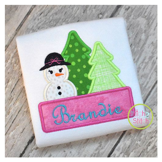 Snowman Trees Girl Applique | Machine Embroidery Designs by JuJu