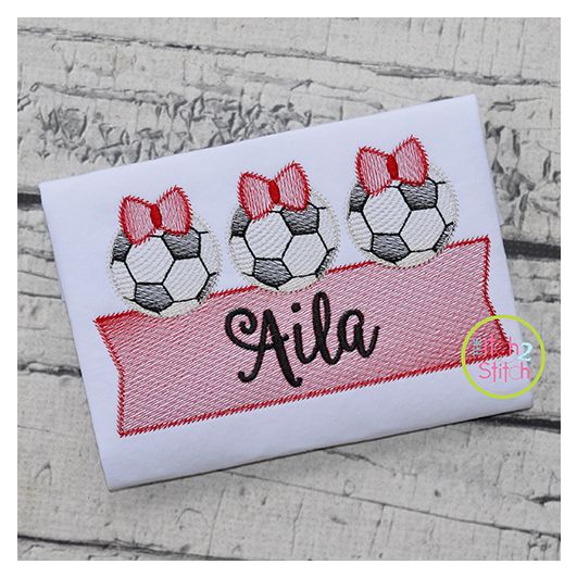 Soccer Ball Bow Trio Banner Sketch Embroidery Design | Machine Embroidery Designs by JuJu
